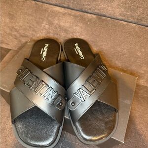 Valentino Leather Black Slide Sandals